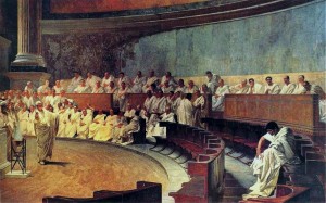 Rappresentazione di una seduta del Senato: Cicerone denuncia Catilina, affresco del XIX secolo